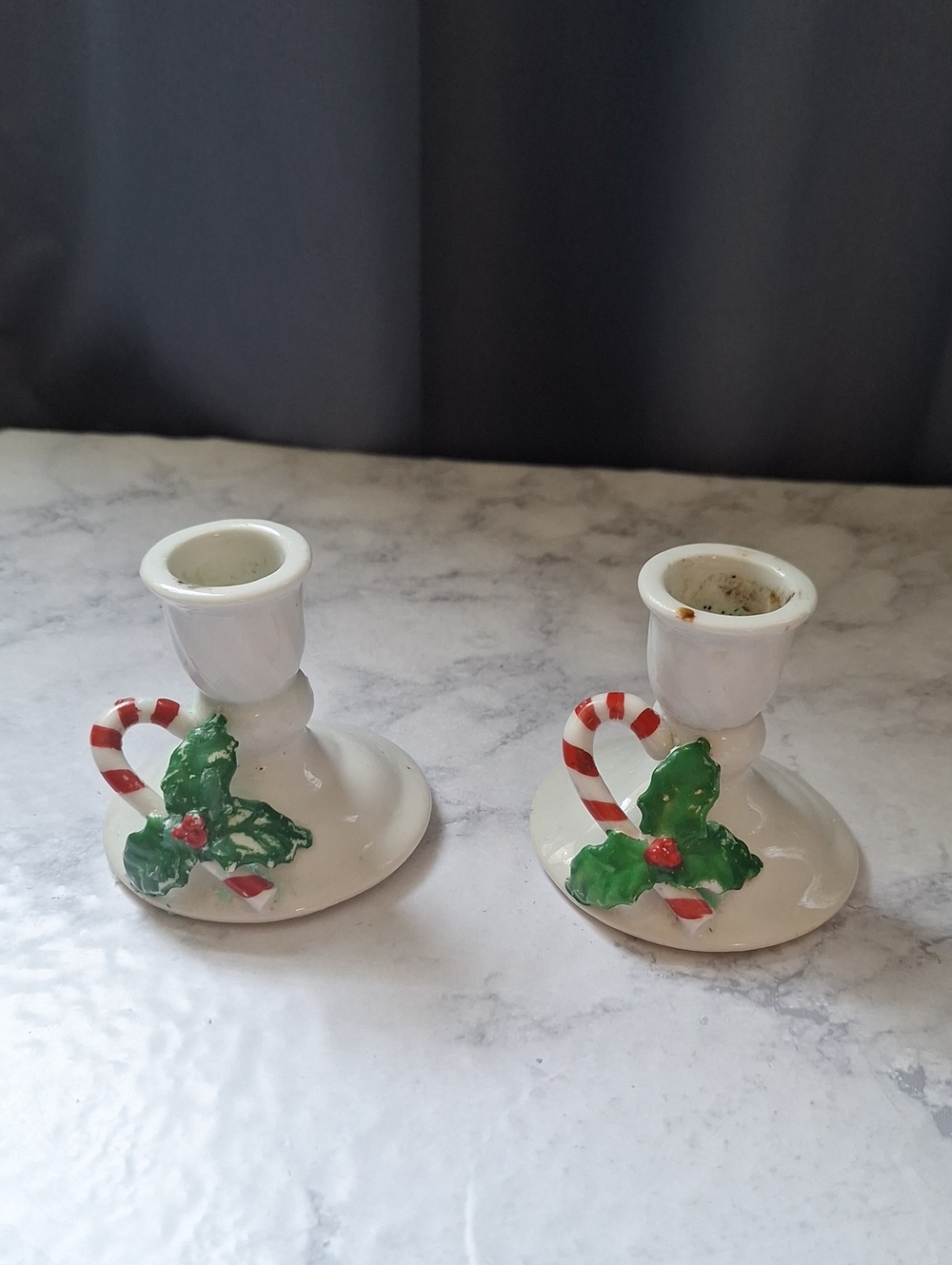Holiday Candy Cane Ceramic Candle Holders - White and Red Green Accent